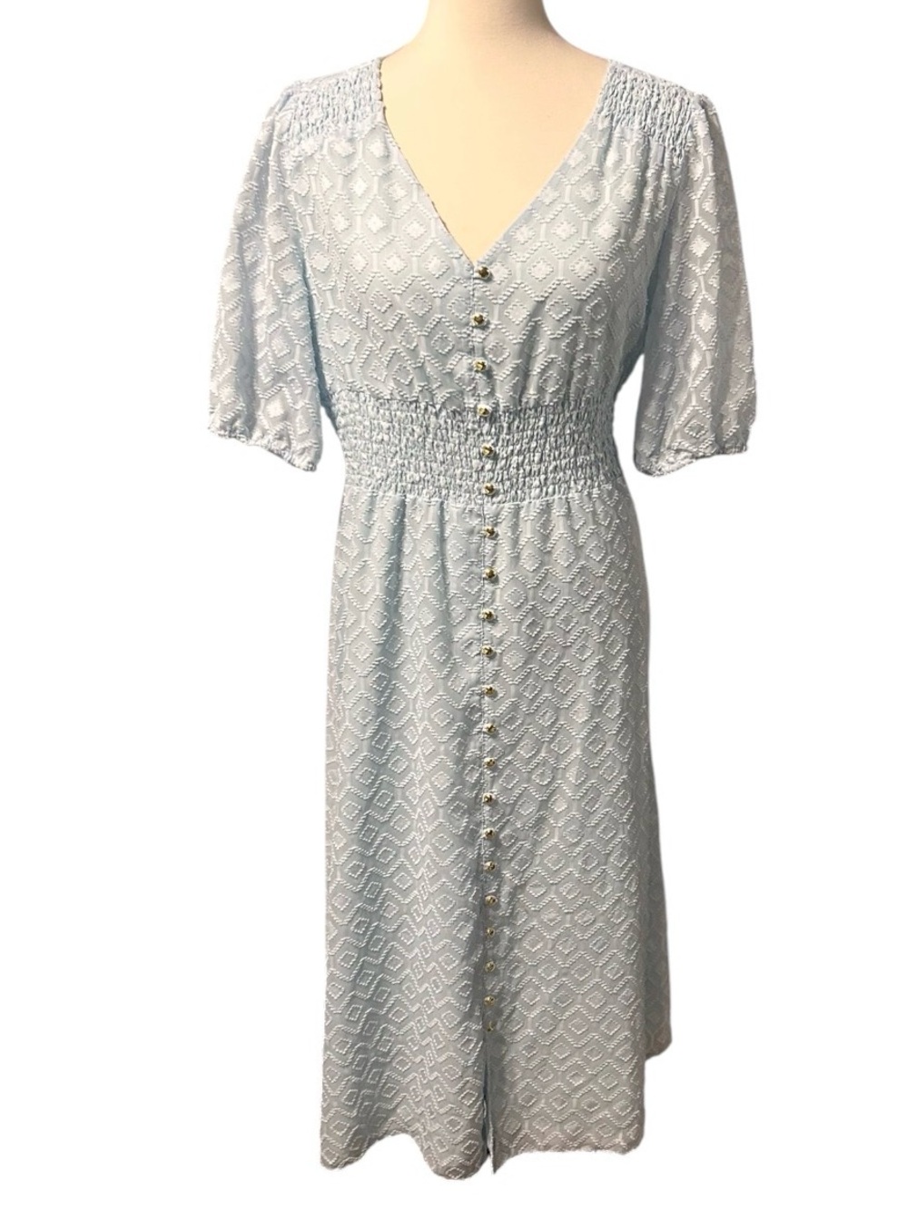 Sale to Sable Light Blue Button-Front Smocked Waist Midi Dress Size Large